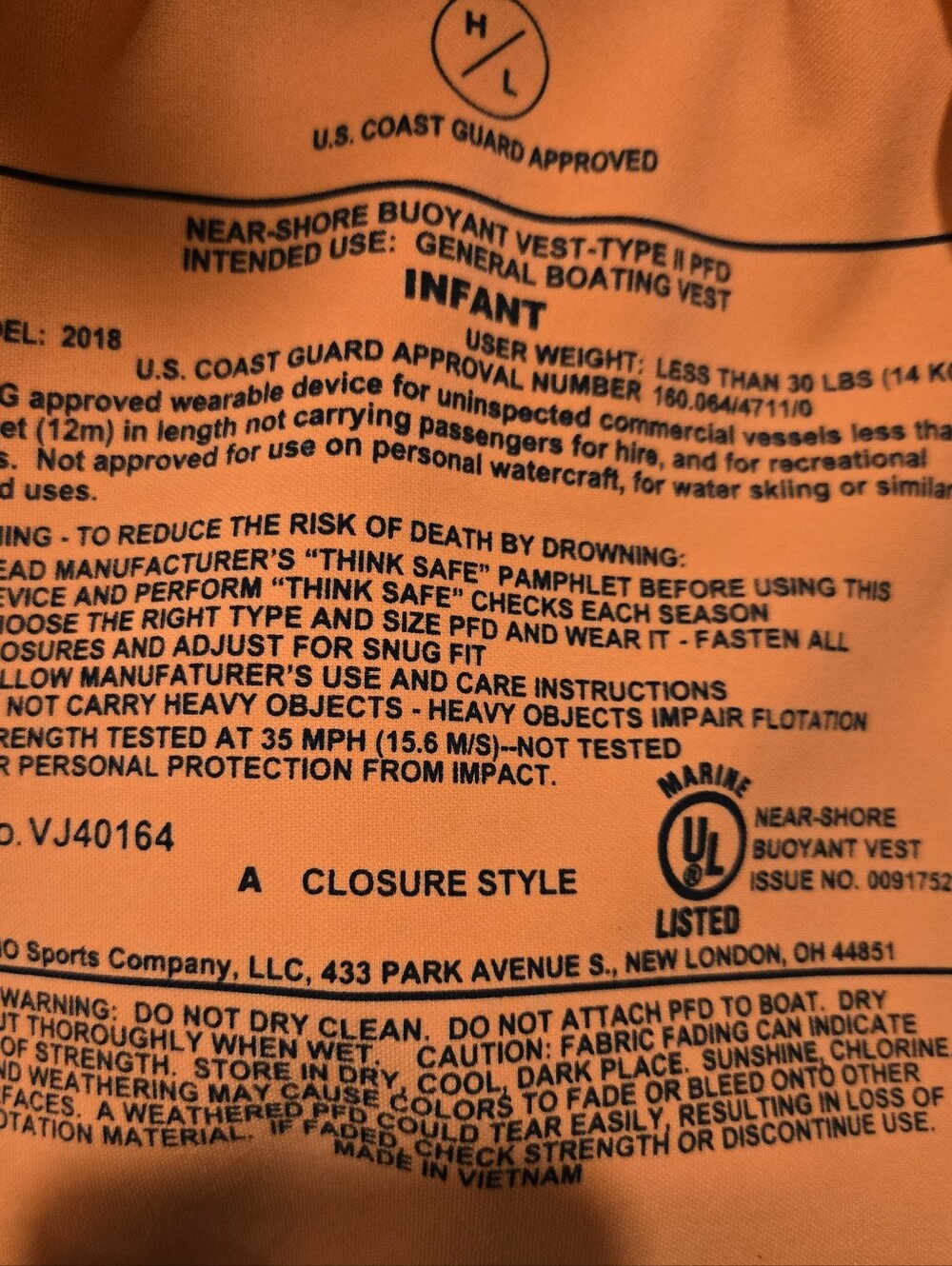 Hyper Lite Infant Life Vest Up To 30 Lbs - Picture 5 of 5